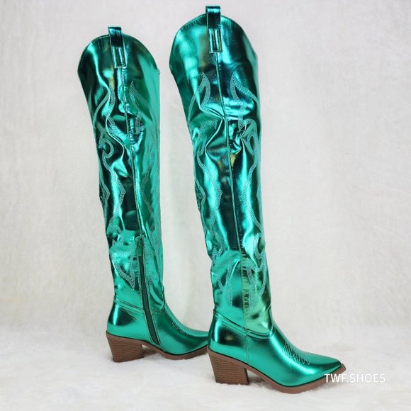 Country Disco Cowboy Metallic Green Western Cowgirl OTK Thigh Boots New - Picture 4 of 15